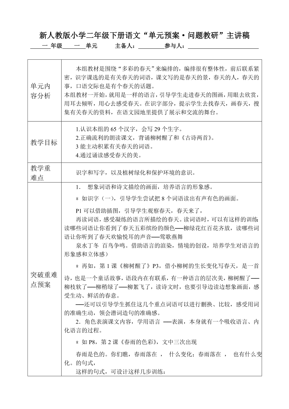 新人教版小学二级下册语文“单元预案问题教研”主讲稿　全册.doc_第1页