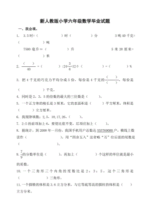 新人教版小学六级数学毕业试题.doc