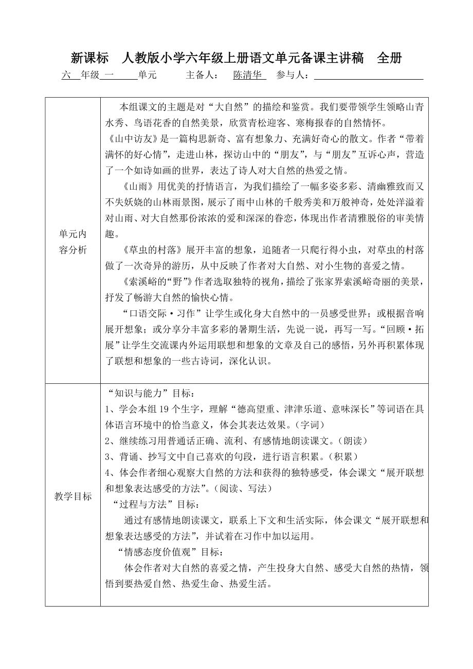 新人教版小学六级上册语文单元备课主讲稿　全册.doc_第1页