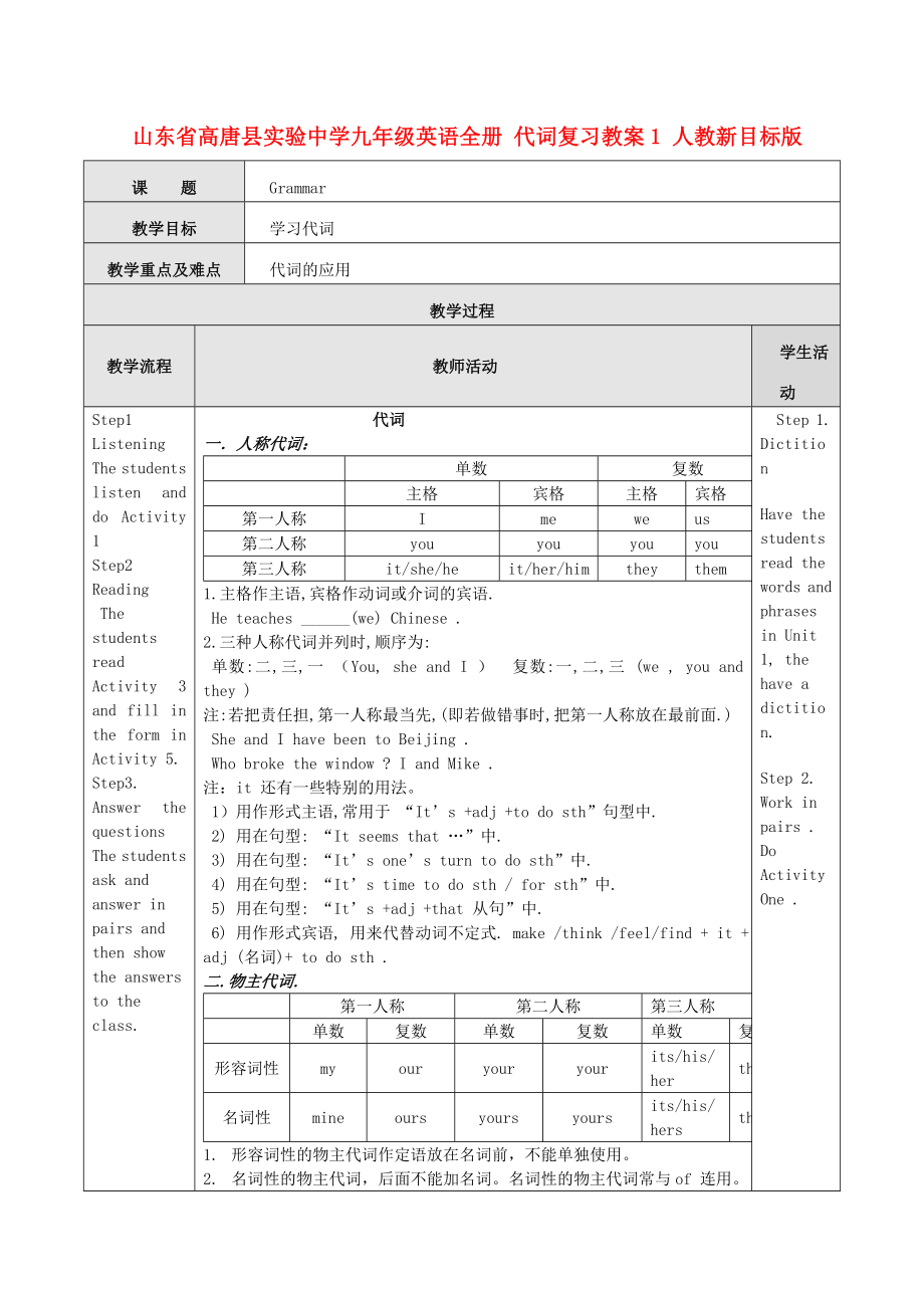 山东省高唐县实验中学九级英语全册 代词复习教案1 人教新目标版.doc_第1页