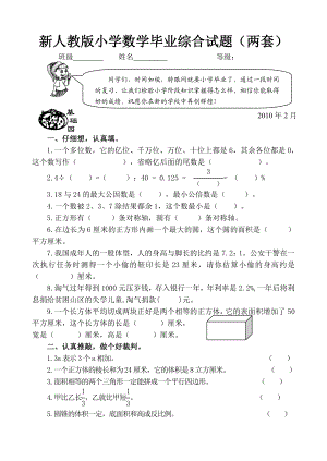 新人教版小学数学毕业综合试题（两套） .doc