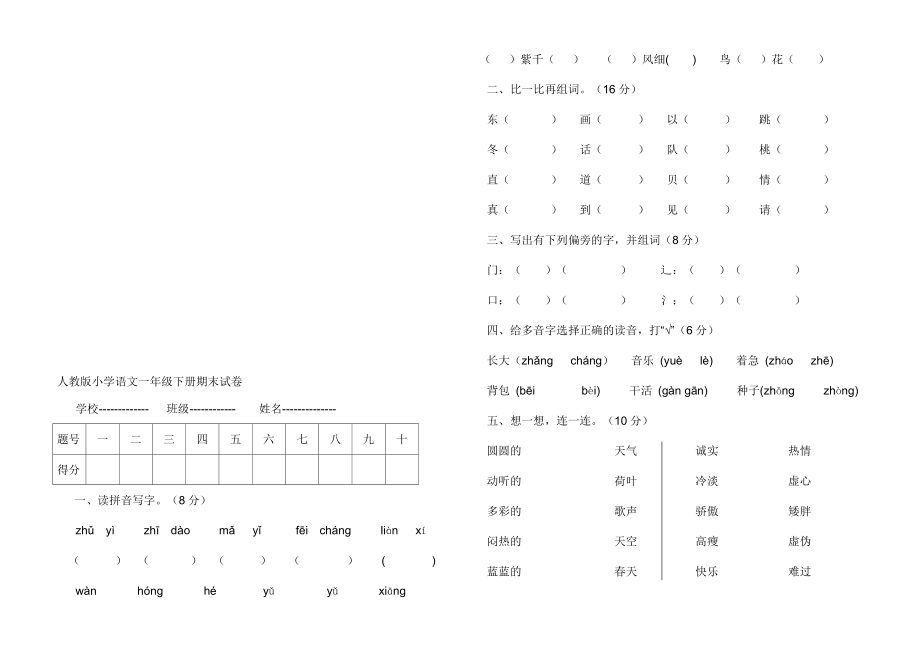 人教版小学语文一级下册期末试卷.doc_第1页