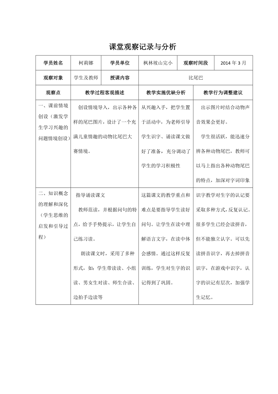 小学语文课堂观察记录与分析.doc_第1页