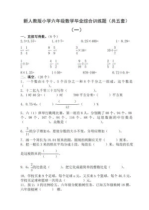 新人教版小学六级数学毕业综合训练题（共五套）.doc