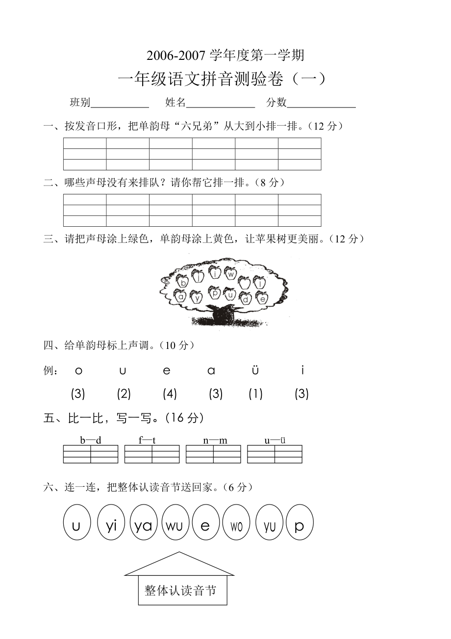 小学一级语文上册拼音测验卷【人教版新课标】.doc_第1页