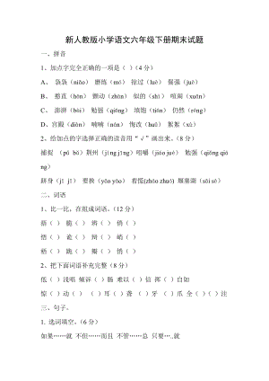 新人教版小学语文六级下册期末试题1.doc