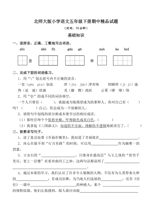 北师大版小学语文五级下册期中精品试题.doc