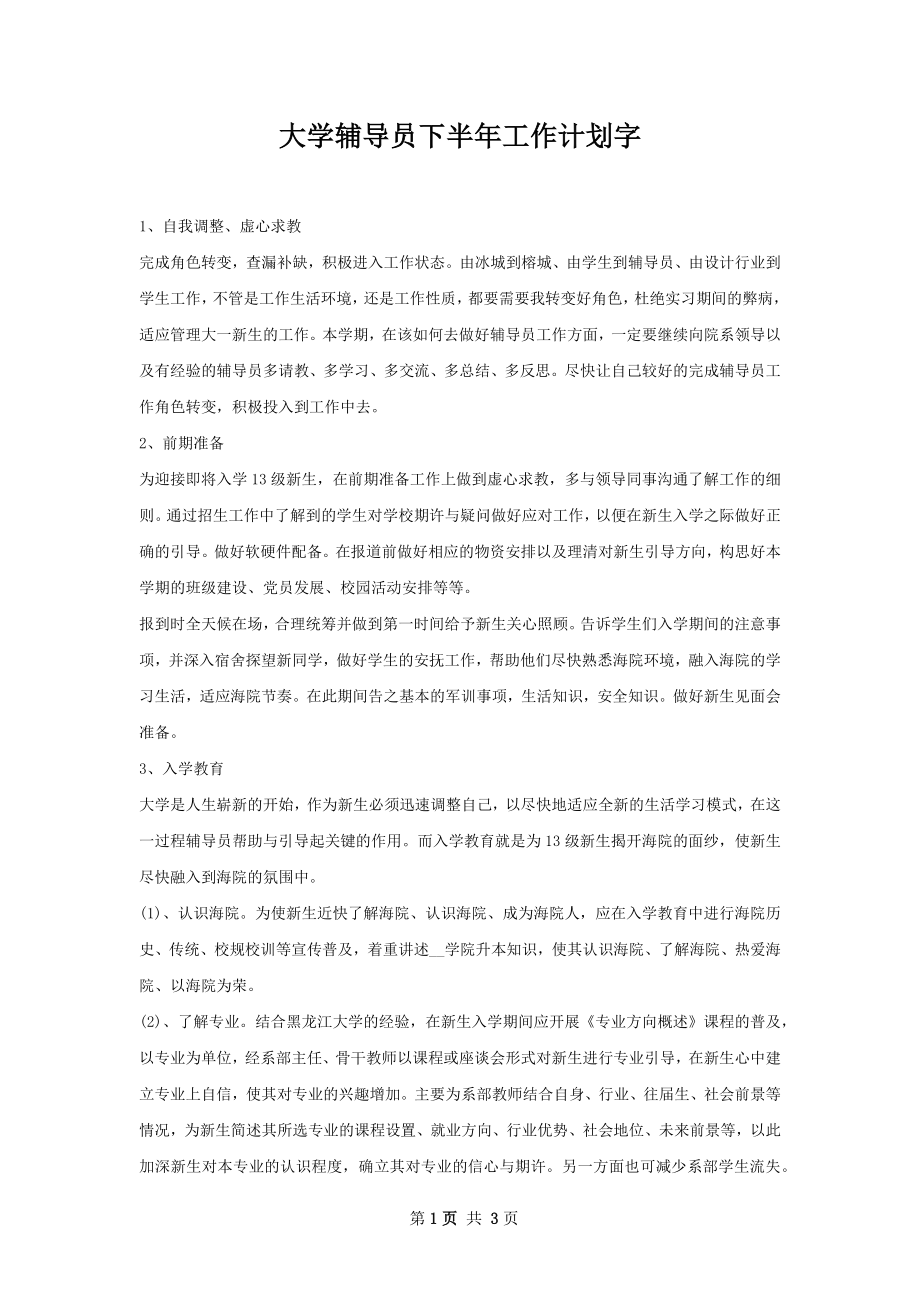 大学辅导员下半年工作计划字_1.docx_第1页