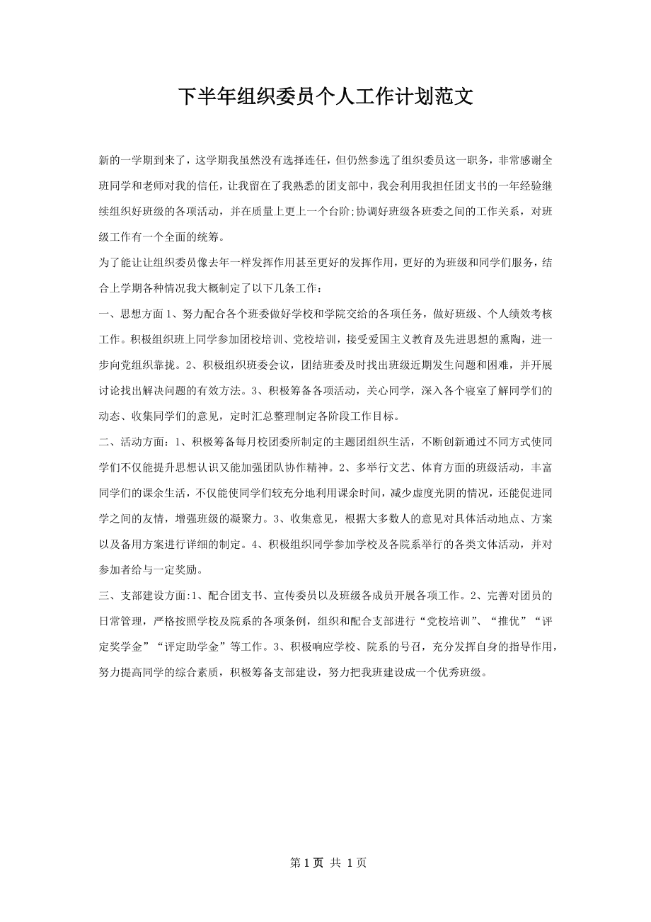 下半年组织委员个人工作计划范文.docx_第1页