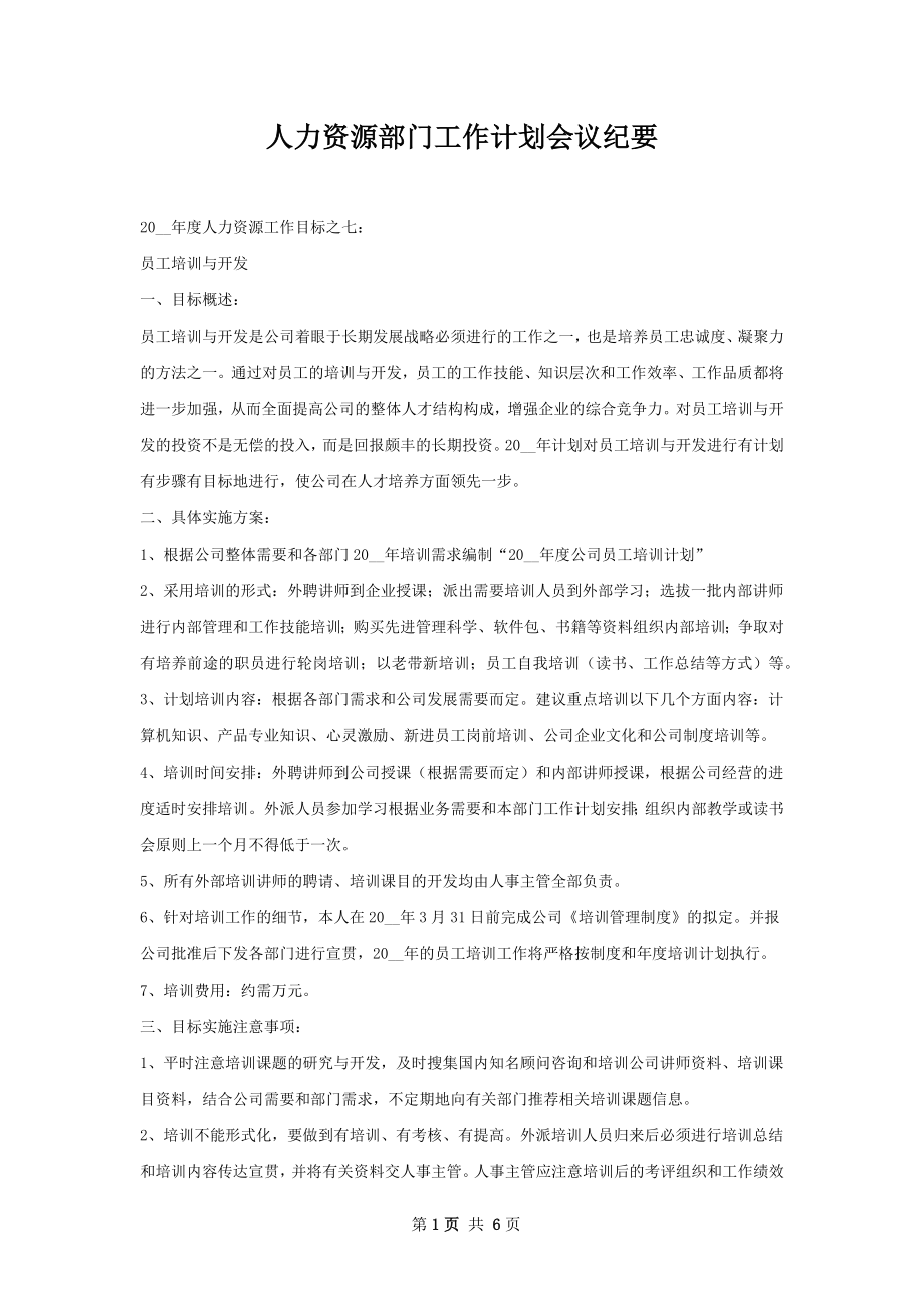 人力资源部门工作计划会议纪要.docx_第1页