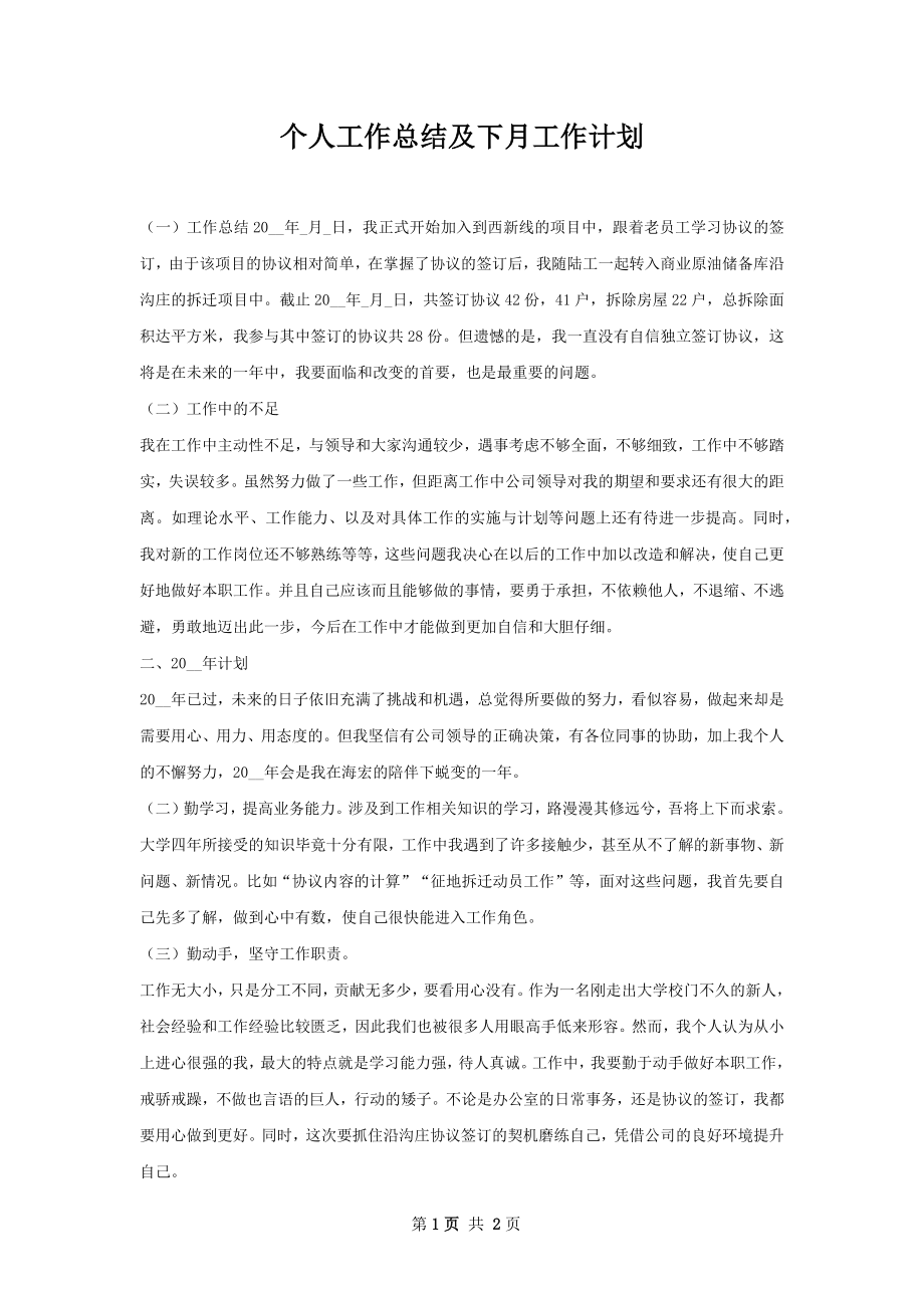 个人工作总结及下月工作计划.docx_第1页