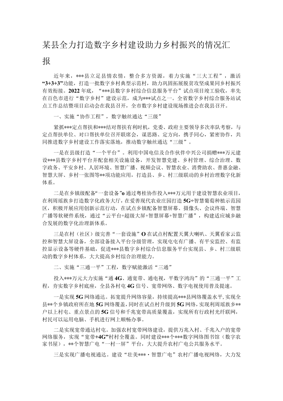 某县全力打造数字乡村建设助力乡村振兴的情况汇报.docx_第1页