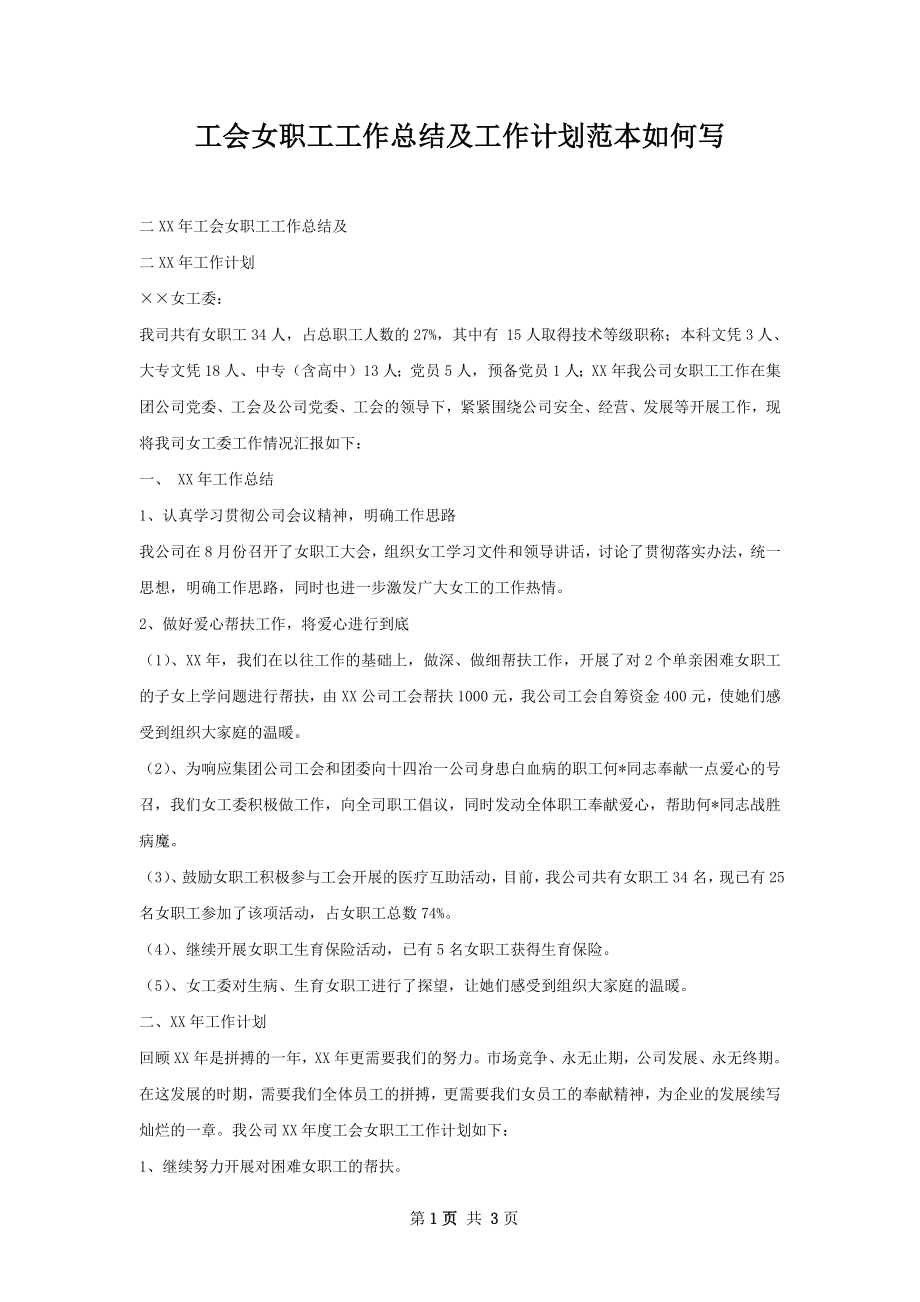 工会女职工工作总结及工作计划范本如何写.docx_第1页