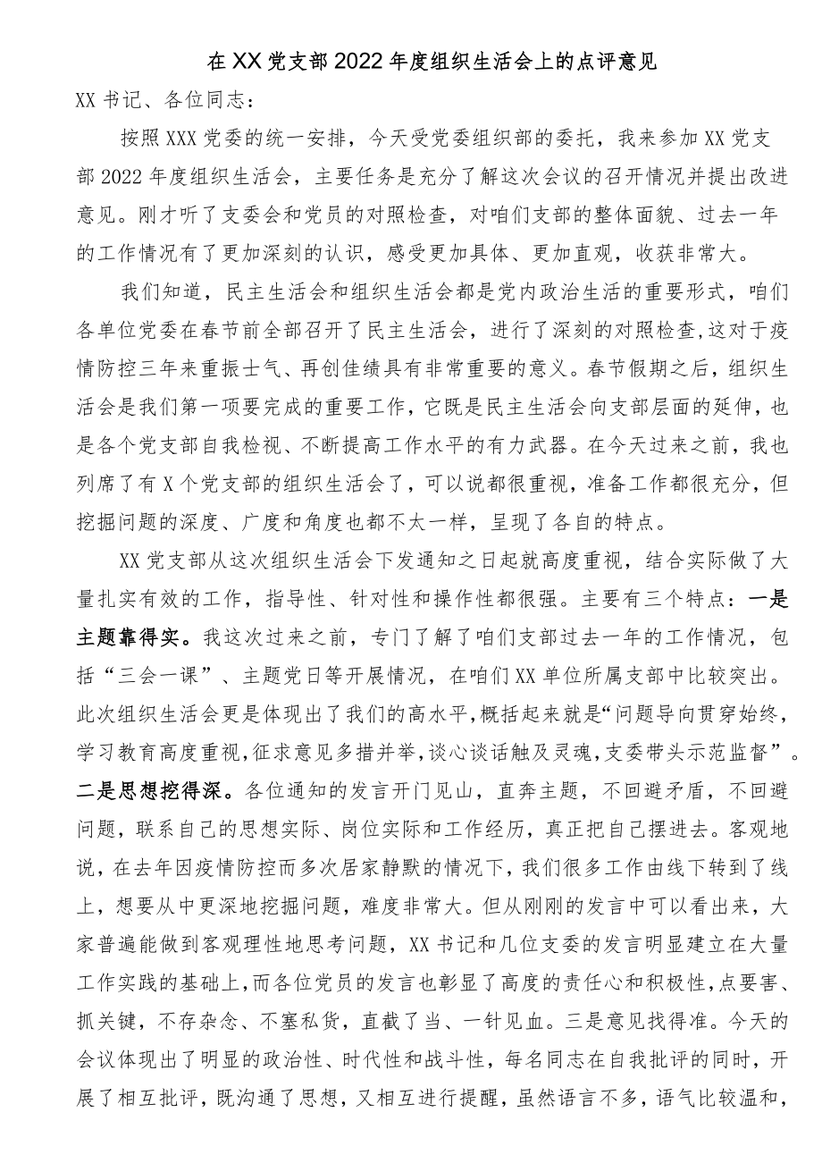 在XX党支部2022年度组织生活会上的点评意见.docx_第1页