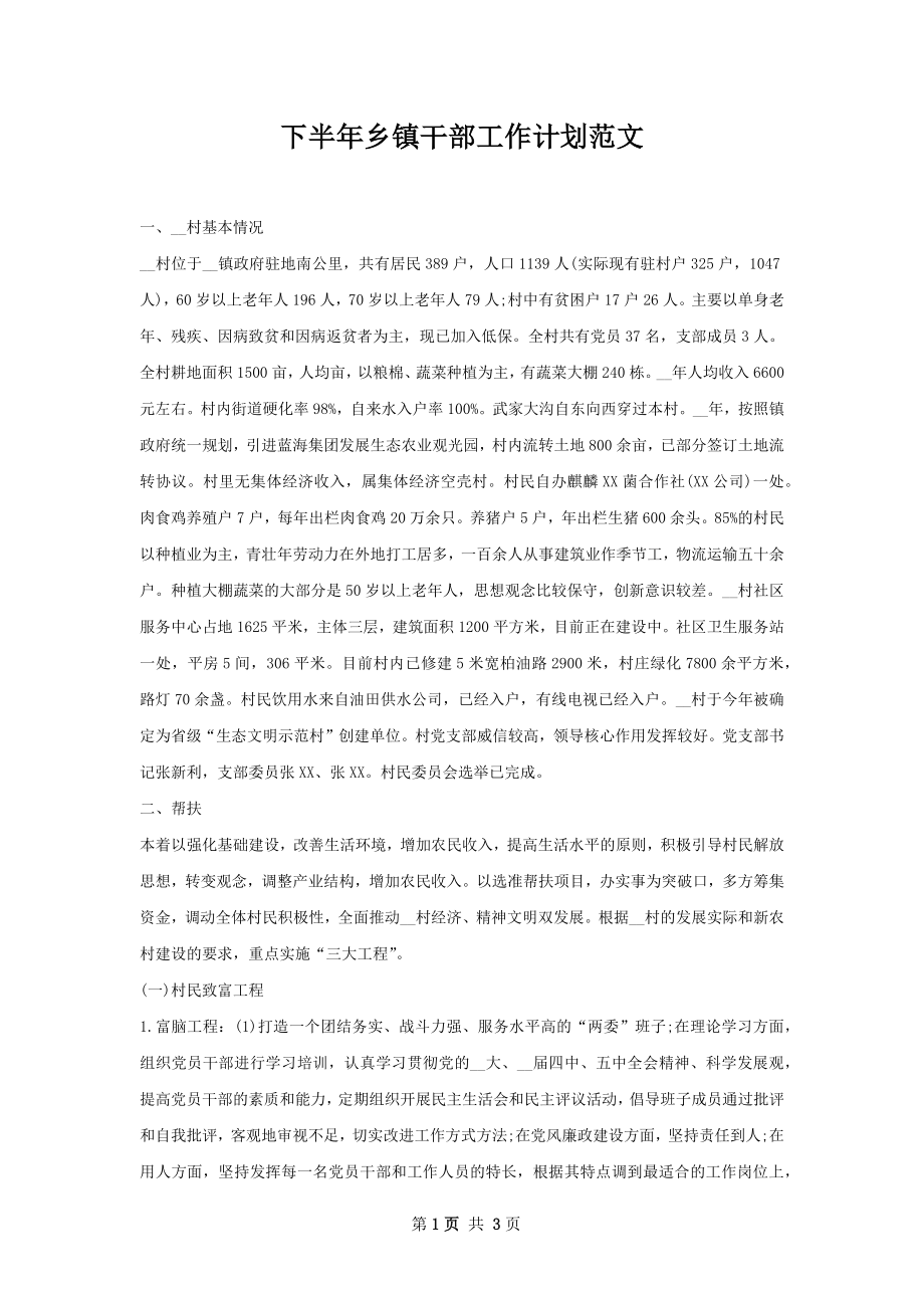 下半年乡镇干部工作计划范文.docx_第1页