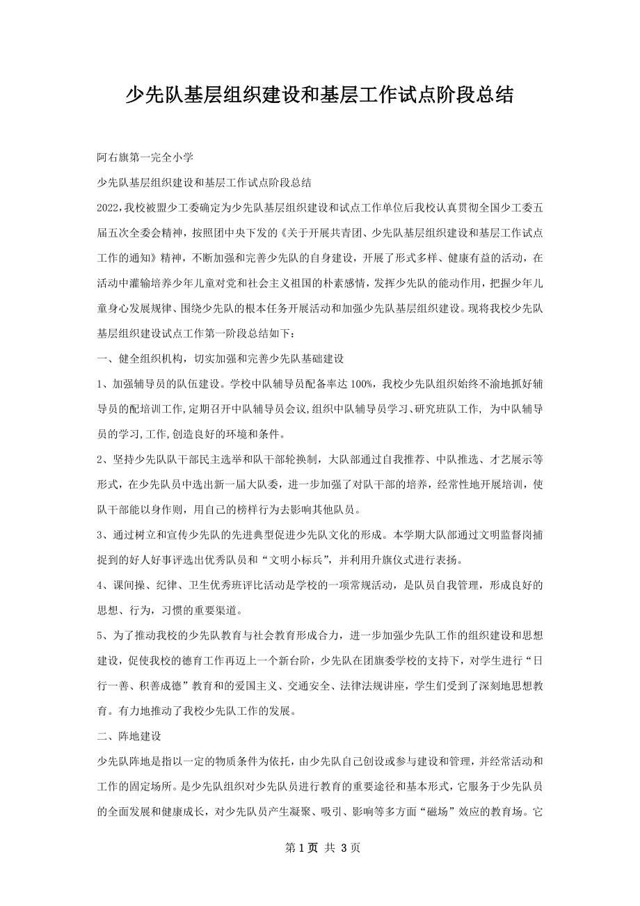 少先队基层组织建设和基层工作试点阶段总结.docx_第1页