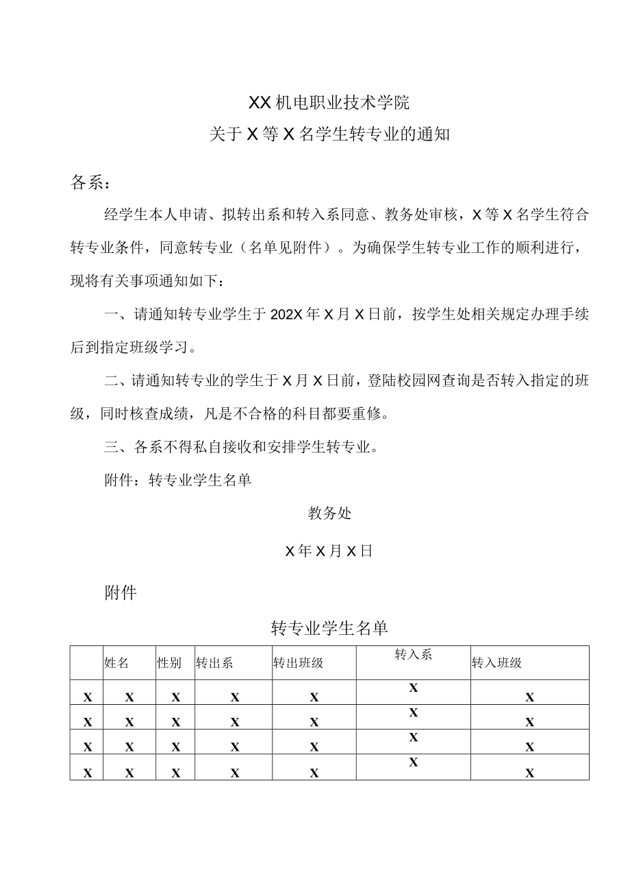 XX机电职业技术学院关于X等X名学生转专业的通知.docx_第1页