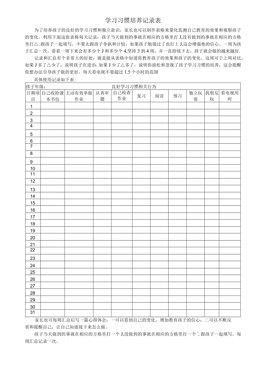 学习习惯培养记录表（教师父母必备）.docx_第1页