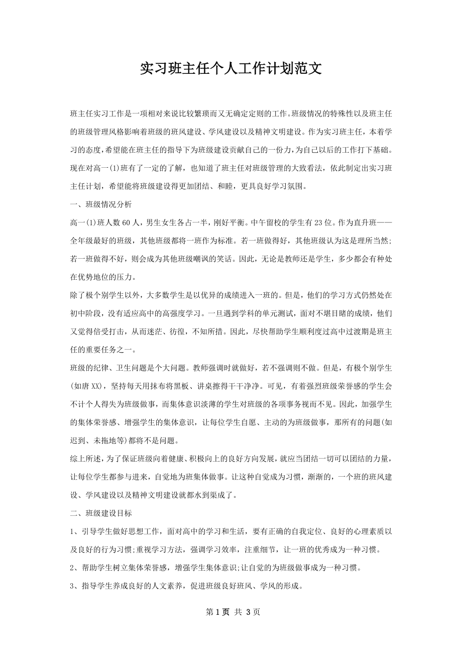 实习班主任个人工作计划范文.docx_第1页