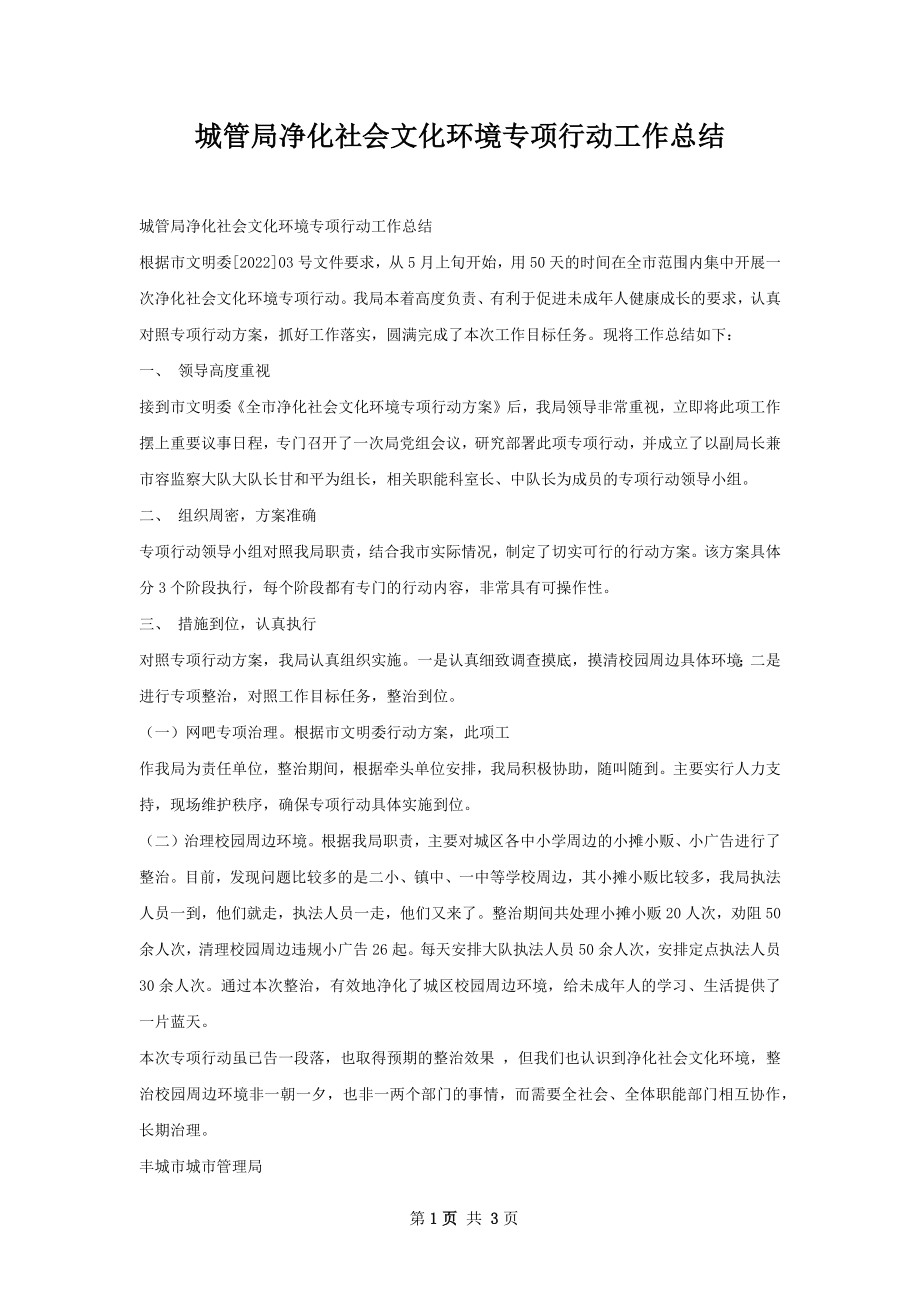 城管局净化社会文化环境专项行动工作总结.docx_第1页