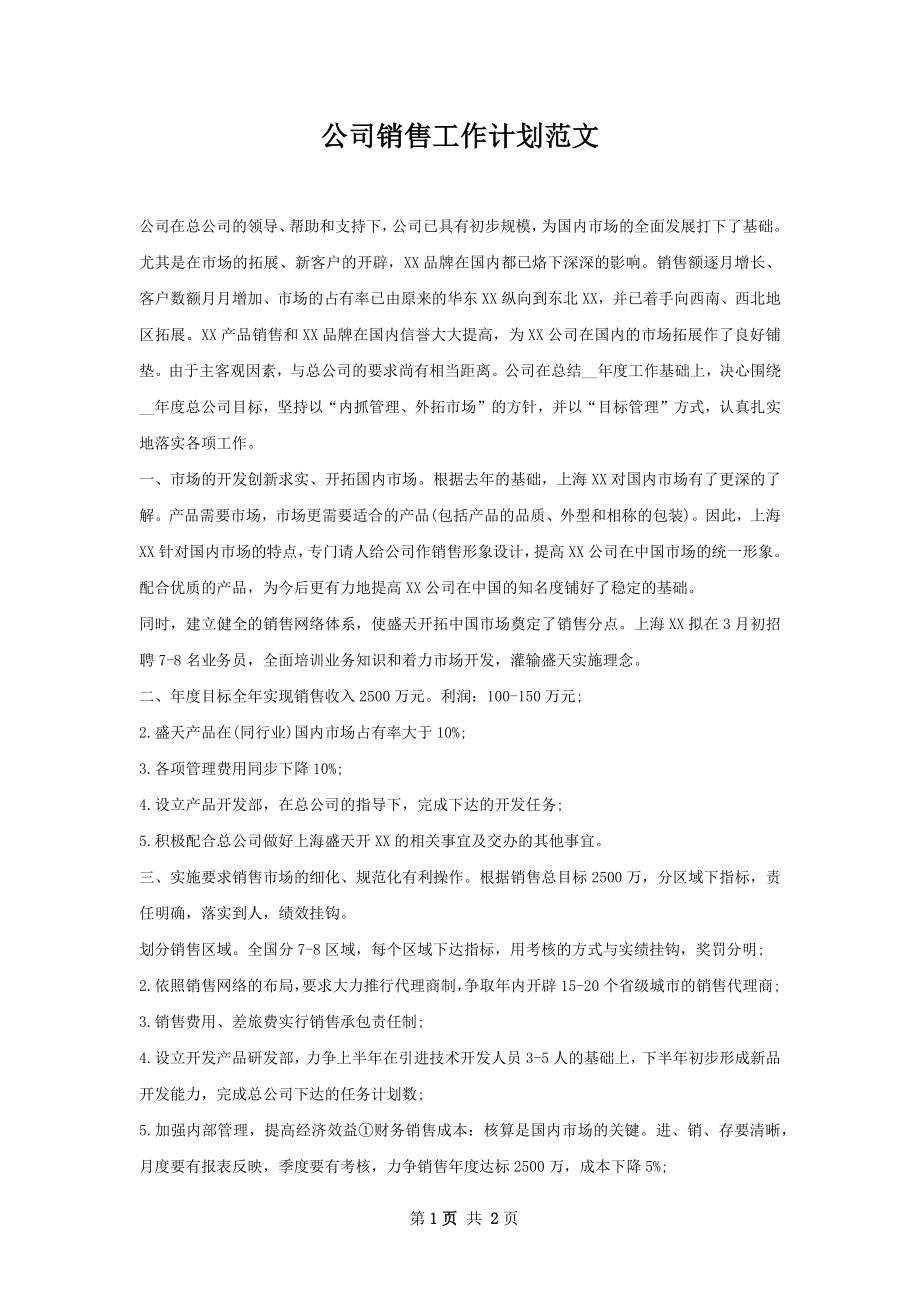 公司销售工作计划范文.docx_第1页