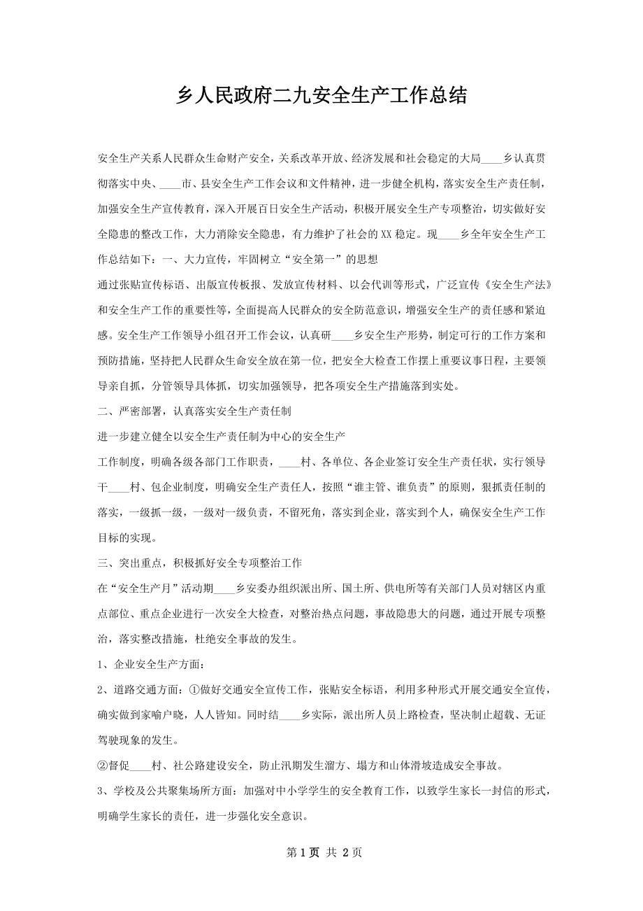 乡人民政府二九安全生产工作总结.docx_第1页