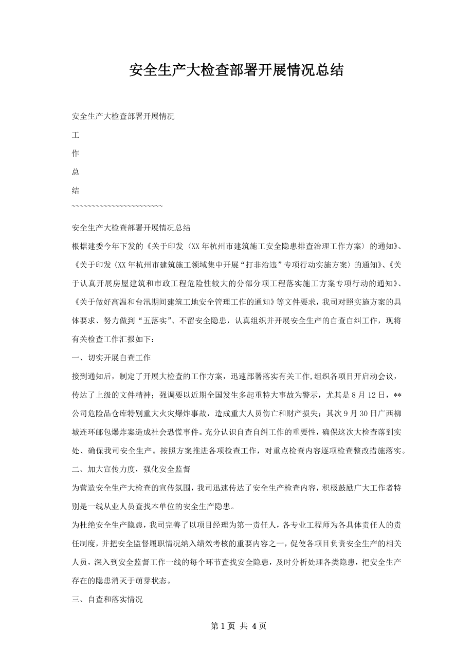 安全生产大检查部署开展情况总结.docx_第1页