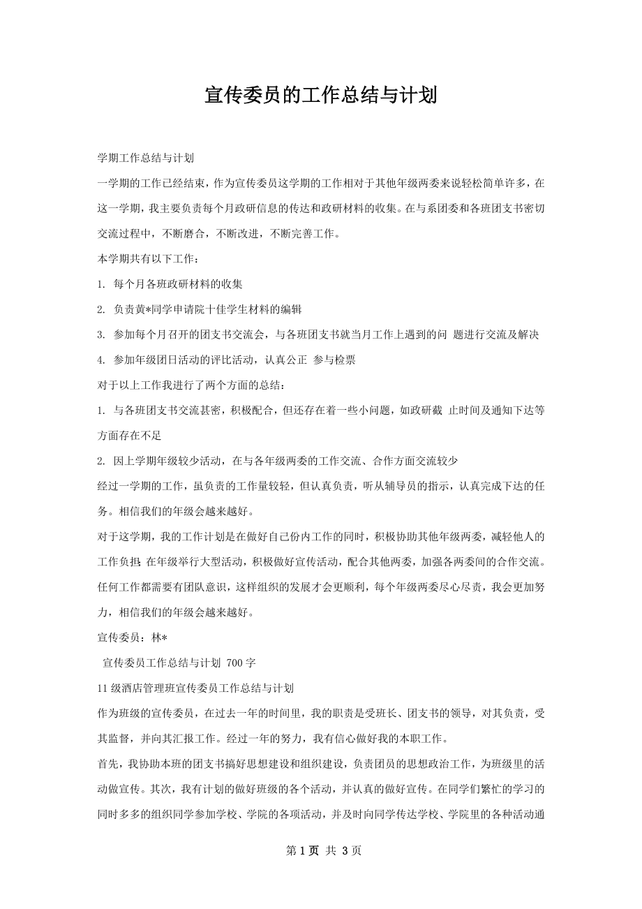 宣传委员的工作总结与计划.docx_第1页