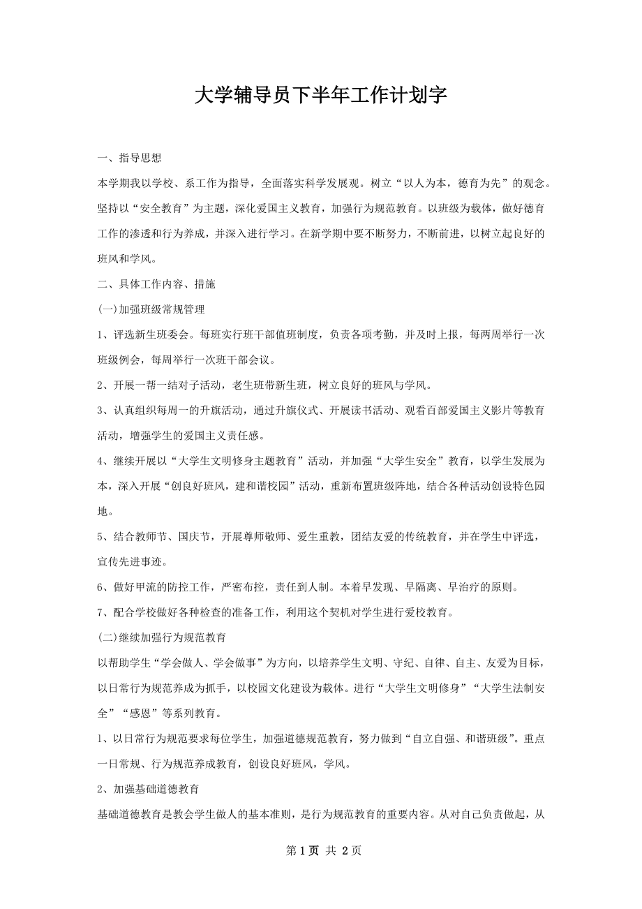 大学辅导员下半年工作计划字.docx_第1页