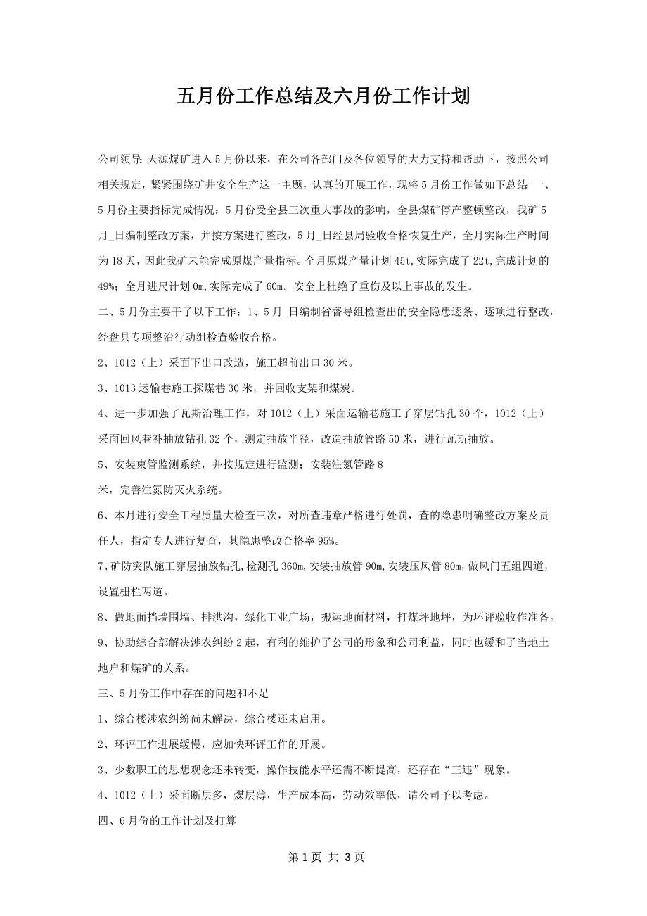 五月份工作总结及六月份工作计划.docx_第1页