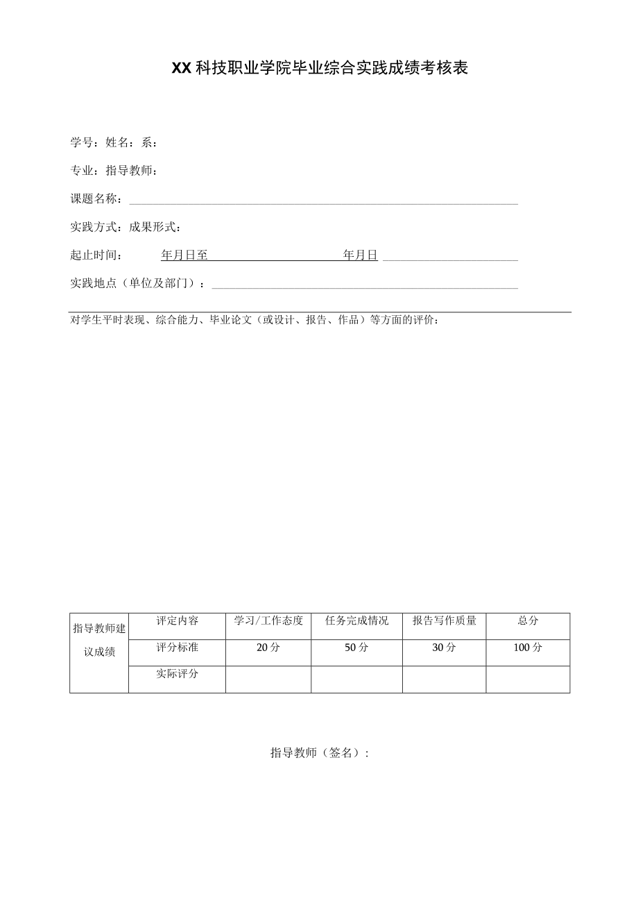 XX科技职业学院毕业综合实践成绩考核表.docx_第1页