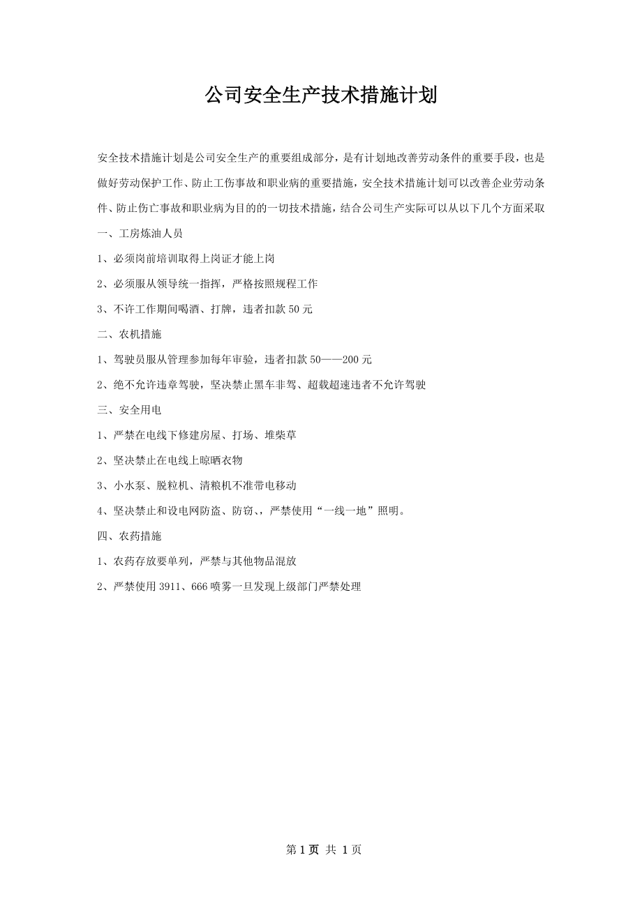 公司安全生产技术措施计划.docx_第1页