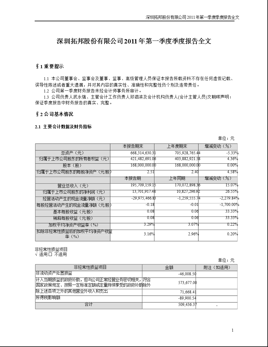 拓邦股份：第一季度报告全文.ppt_第1页