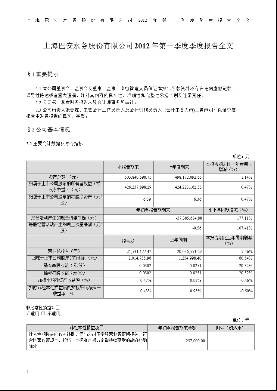 巴安水务：第一季度报告全文.ppt_第1页