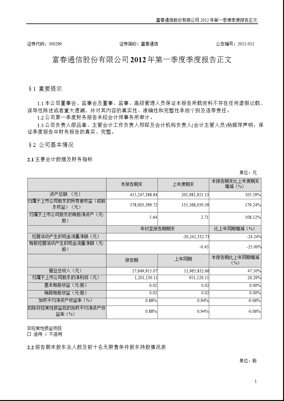 富通信：第一季度报告正文.ppt_第1页