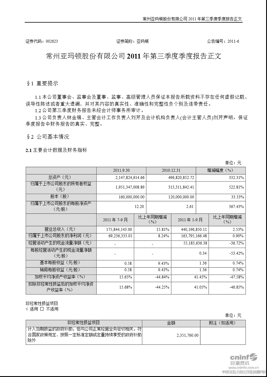 亚玛顿：第三季度报告正文.ppt_第1页