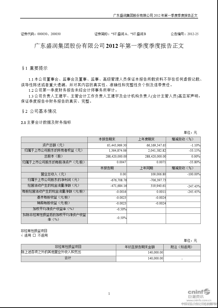 ST盛润A：第一季度报告正文.ppt_第1页