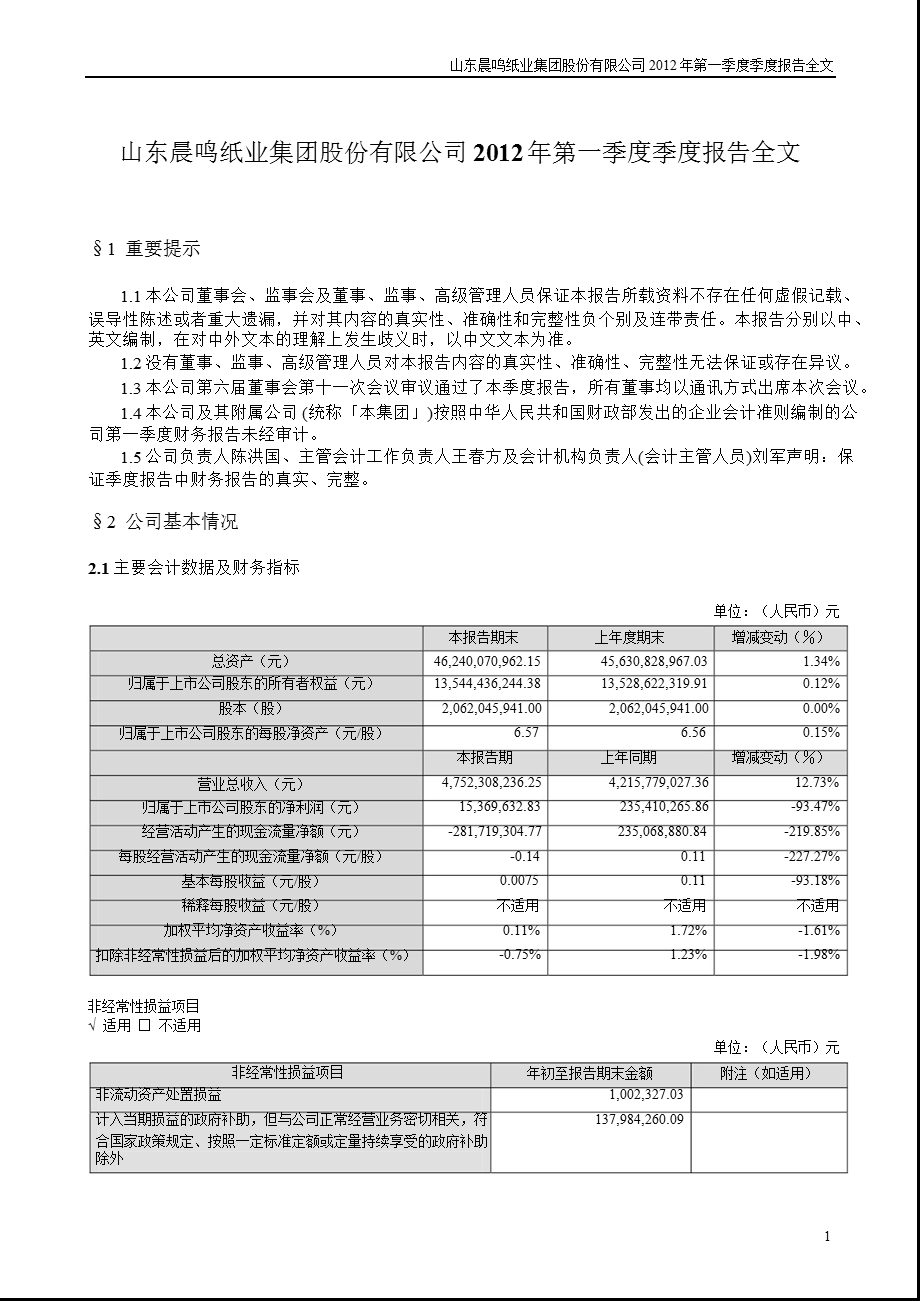 晨鸣纸业：第一季度报告全文.ppt_第1页