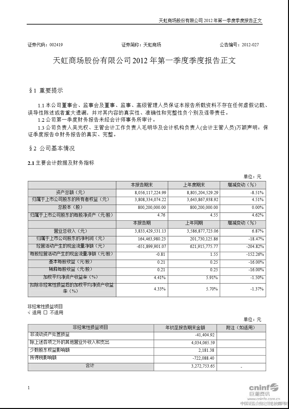 天虹商场：第一季度报告正文.ppt_第1页