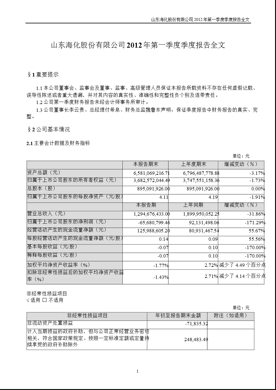 山东海化：第一季度报告全文.ppt_第1页