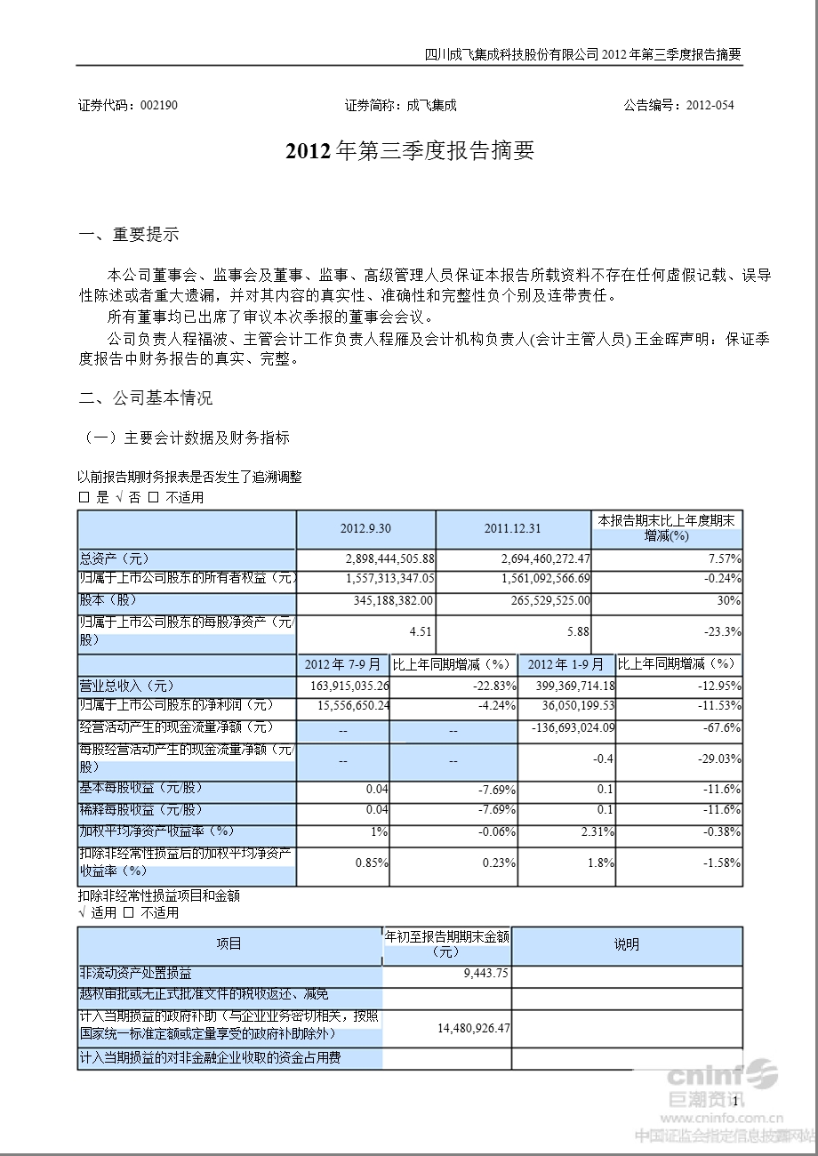 成飞集成：第三季度报告正文.ppt_第1页