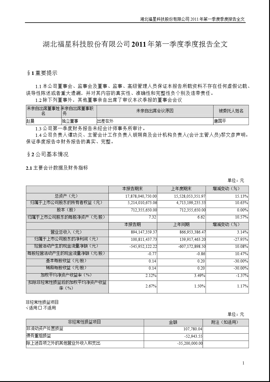 福星股份：第一季度报告全文.ppt_第1页