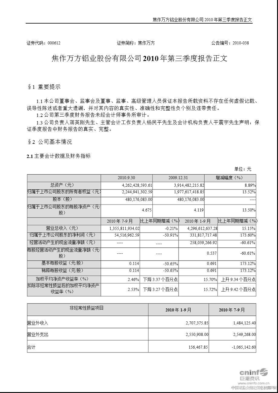 焦作万方：第三季度报告正文.ppt_第1页