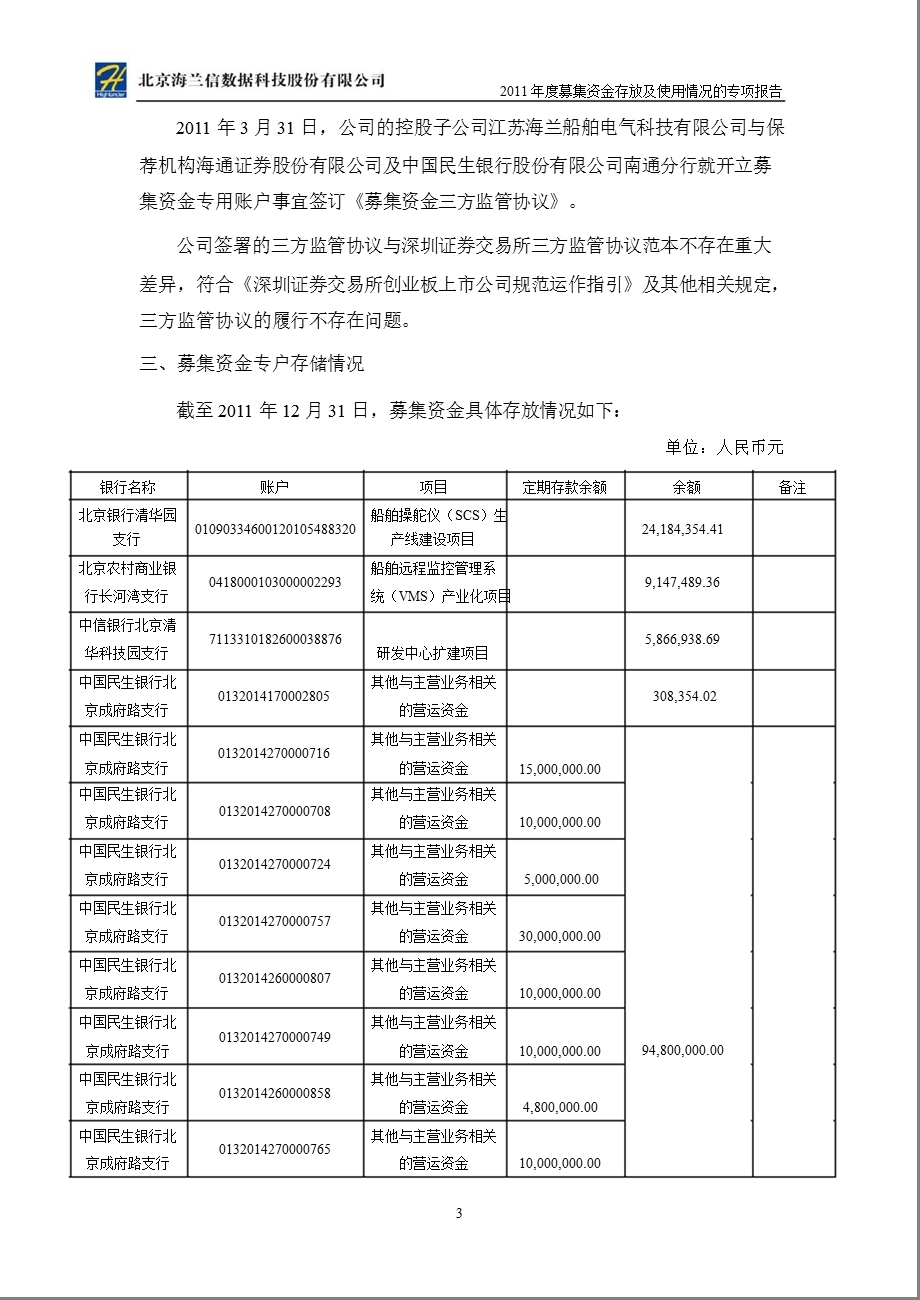 海兰信：募集资金存放及使用情况的专项报告.ppt_第3页