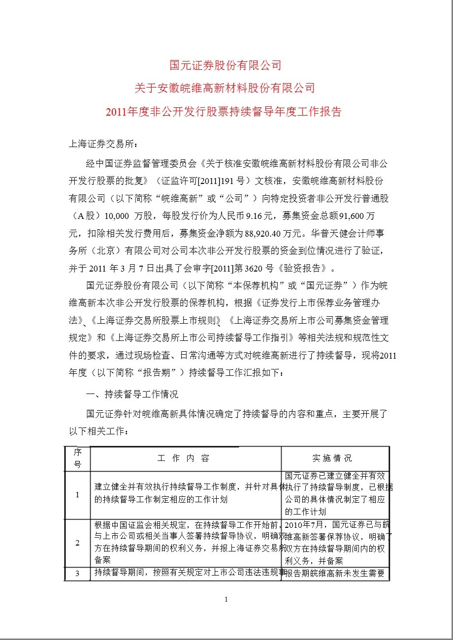 600063 皖维高新非公开发行股票持续督导工作报告.ppt_第1页