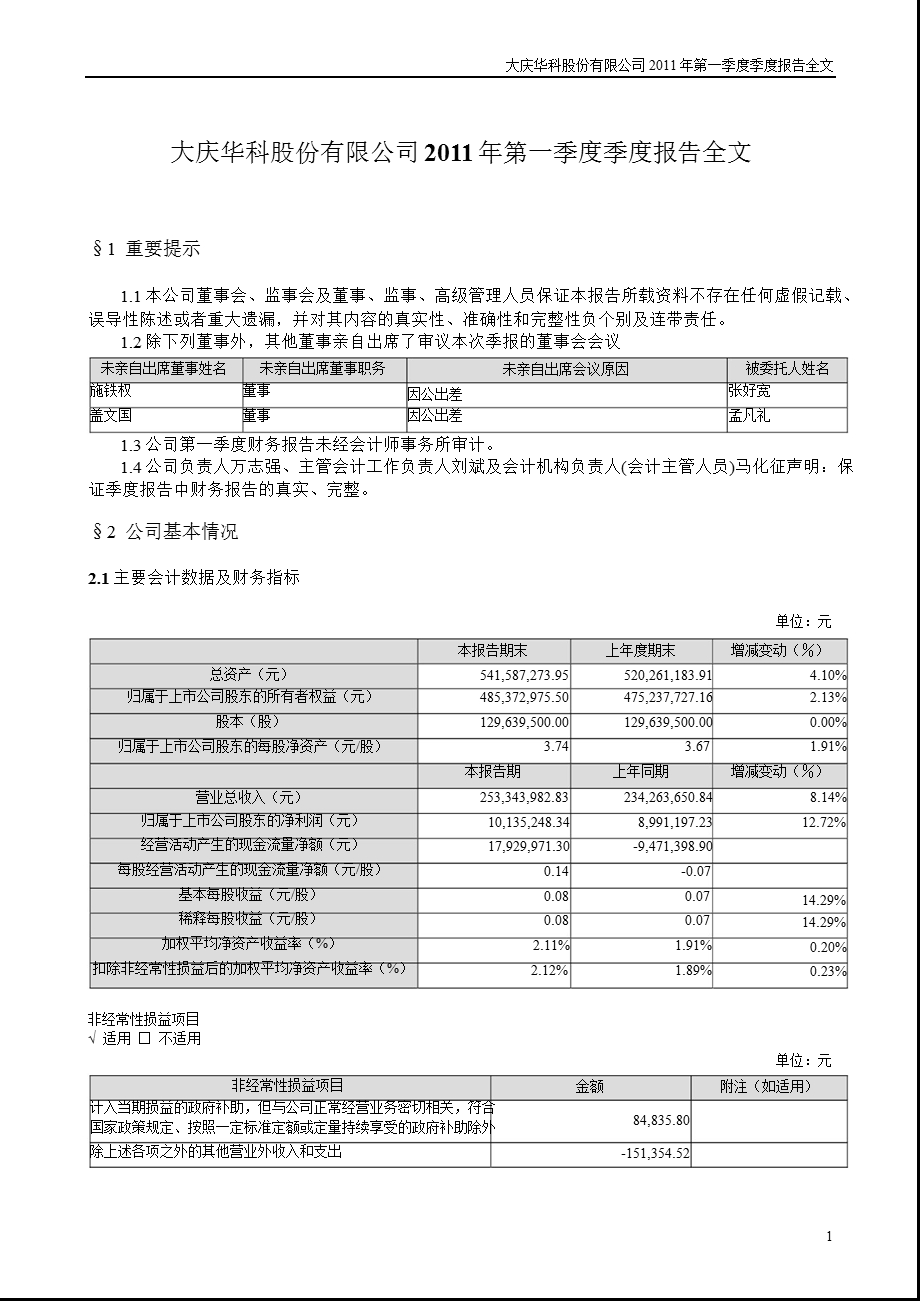 大庆华科：第一季度报告全文.ppt_第1页