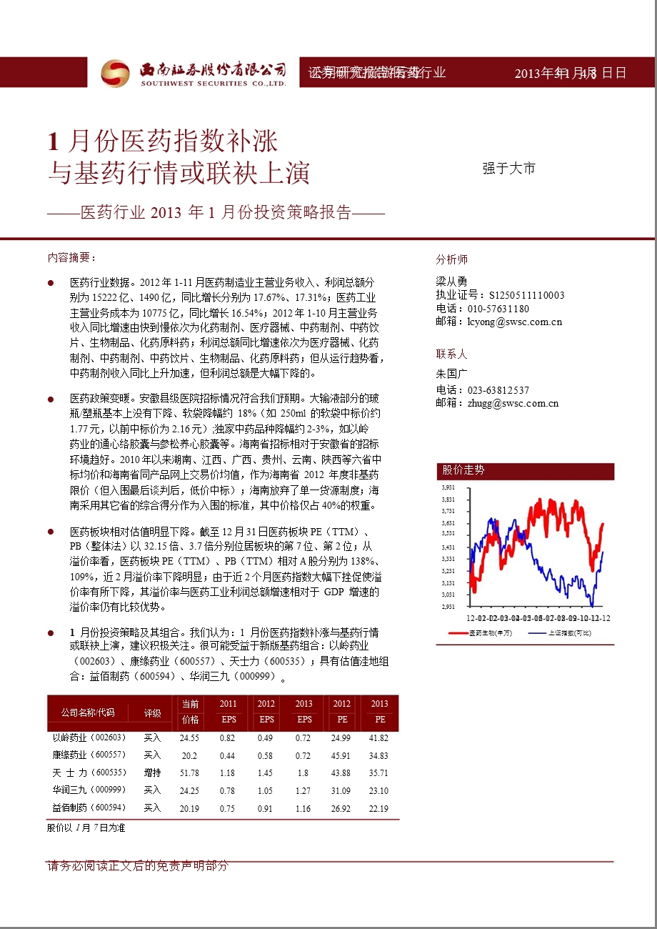 医药行业1月份投资策略报告：1月份医药指数补涨与基药行情或联袂上演0108.ppt_第1页