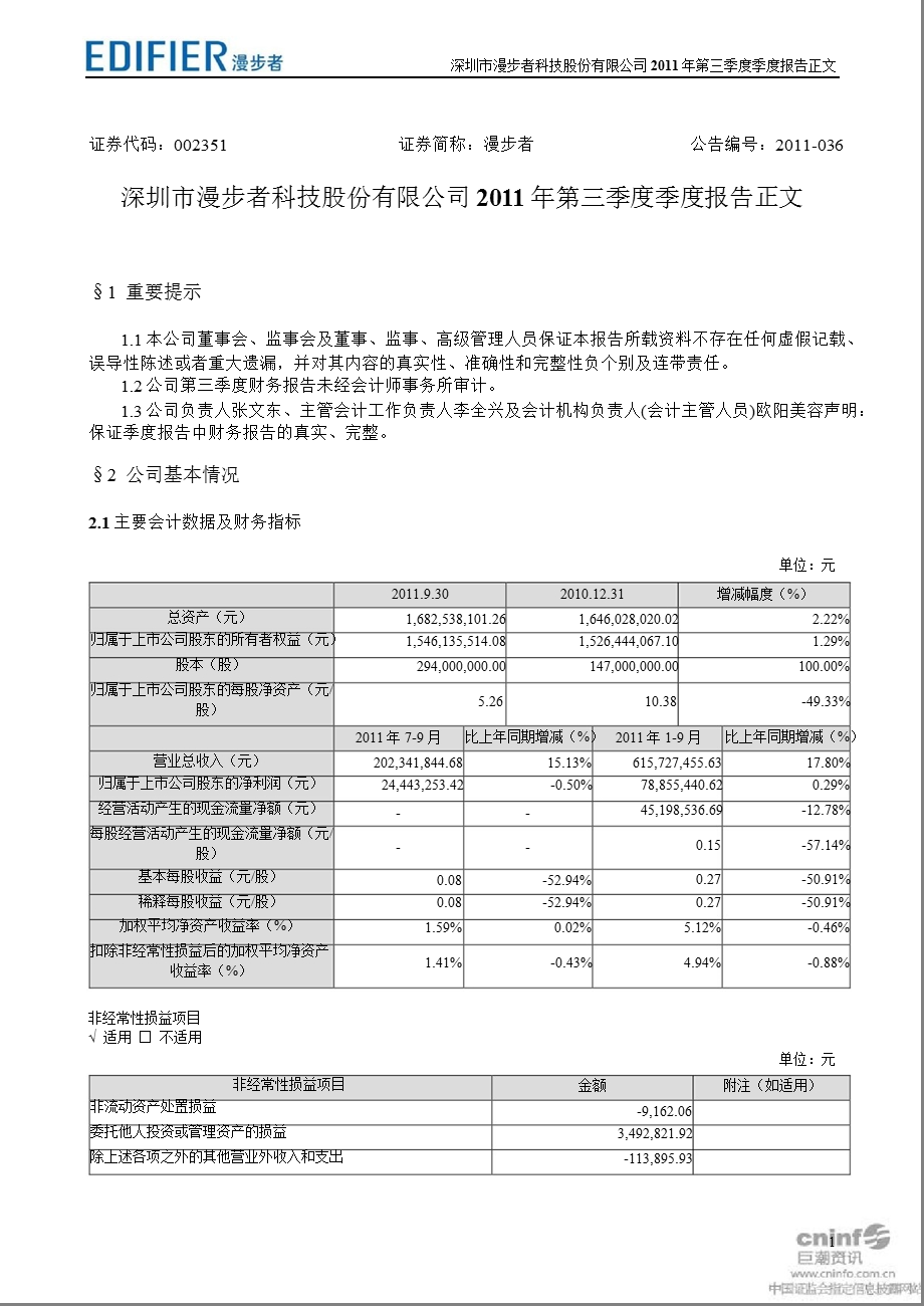 漫步者：第三季度报告正文.ppt_第1页