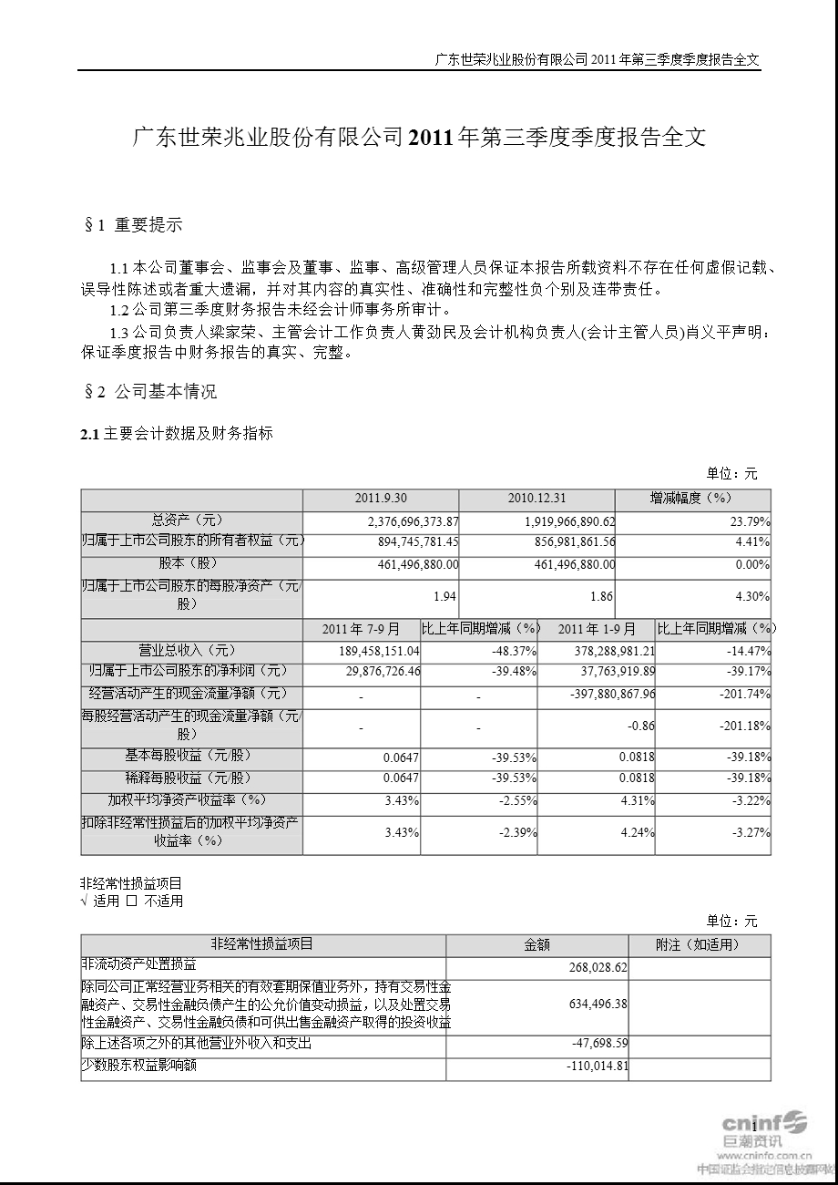 世荣兆业：第三季度报告全文.ppt_第1页