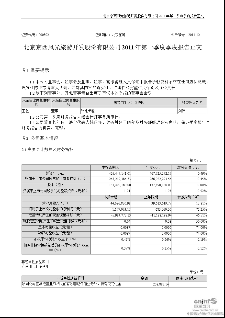 北京旅游：第一季度报告正文.ppt_第1页